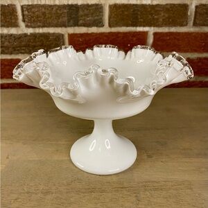 Vintage Fenton Silver Crest Milk Glass Compote Pedestal Candy Dish Ruffled Bowl‎